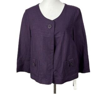 Larry Levine Purple Linen Blend Cropped Jacket Blazer Sz L 3/4 Sleeve Boxy Royal